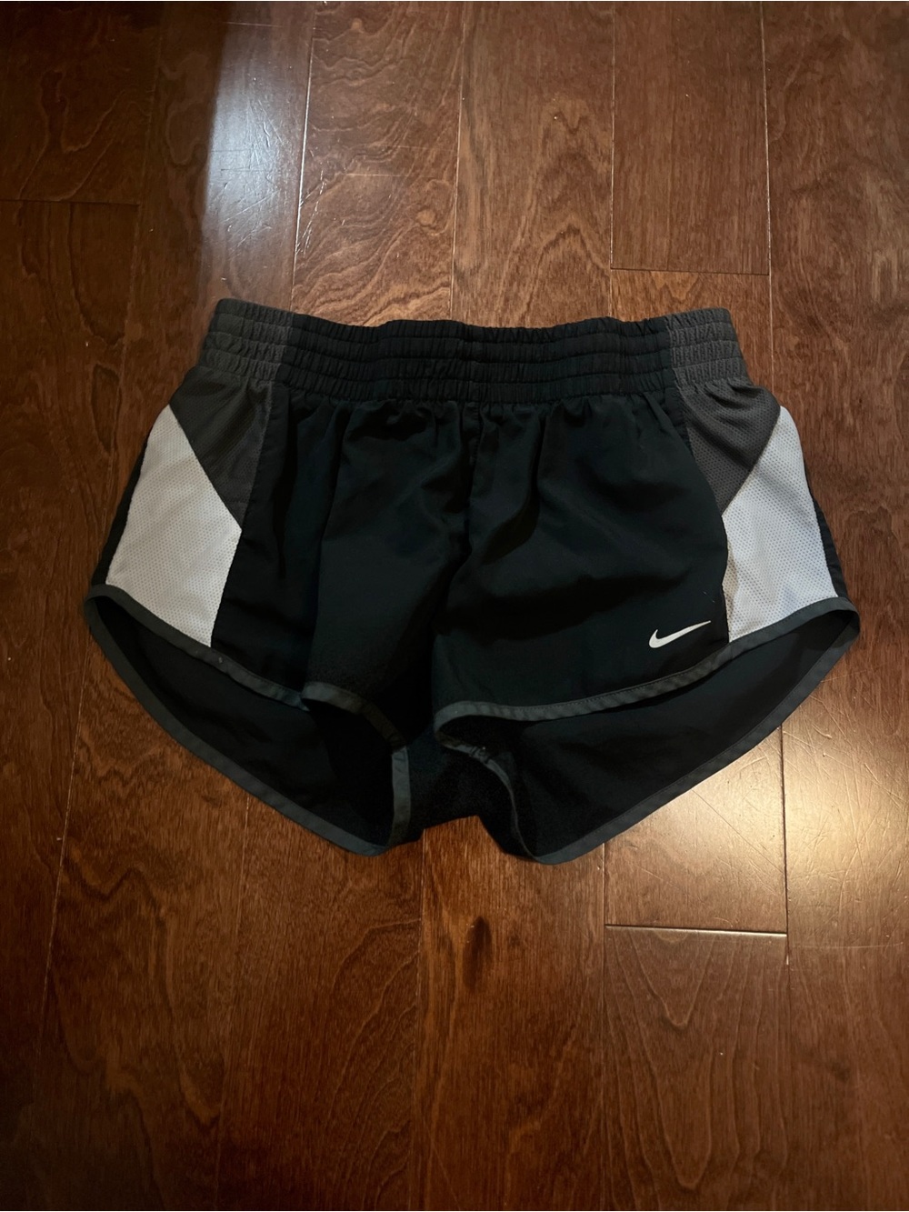 Nike Women's Black Athletic Shorts with Gray and White Panels